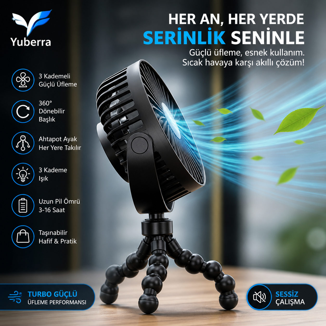 YUBERRA™ Ahtapot Ayaklı Turbo Taşınabilir Fan